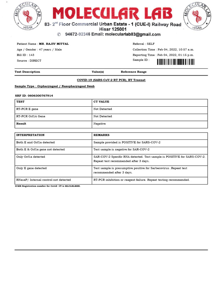 COVID-19 RT-PCR Test Result: Negative | PDF | Reverse Transcription ...