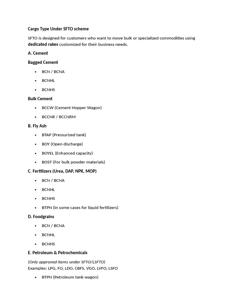 Cargo Types for SFTO Scheme | PDF