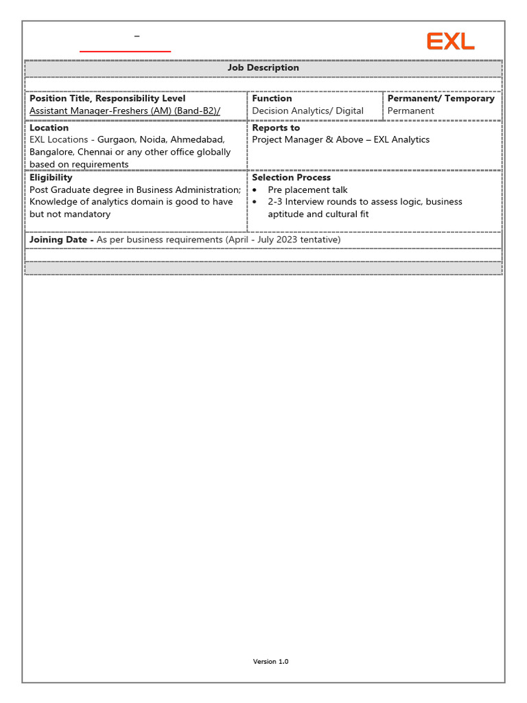 Assistant Manager-Freshers Job Description | PDF | Analytics | Business ...