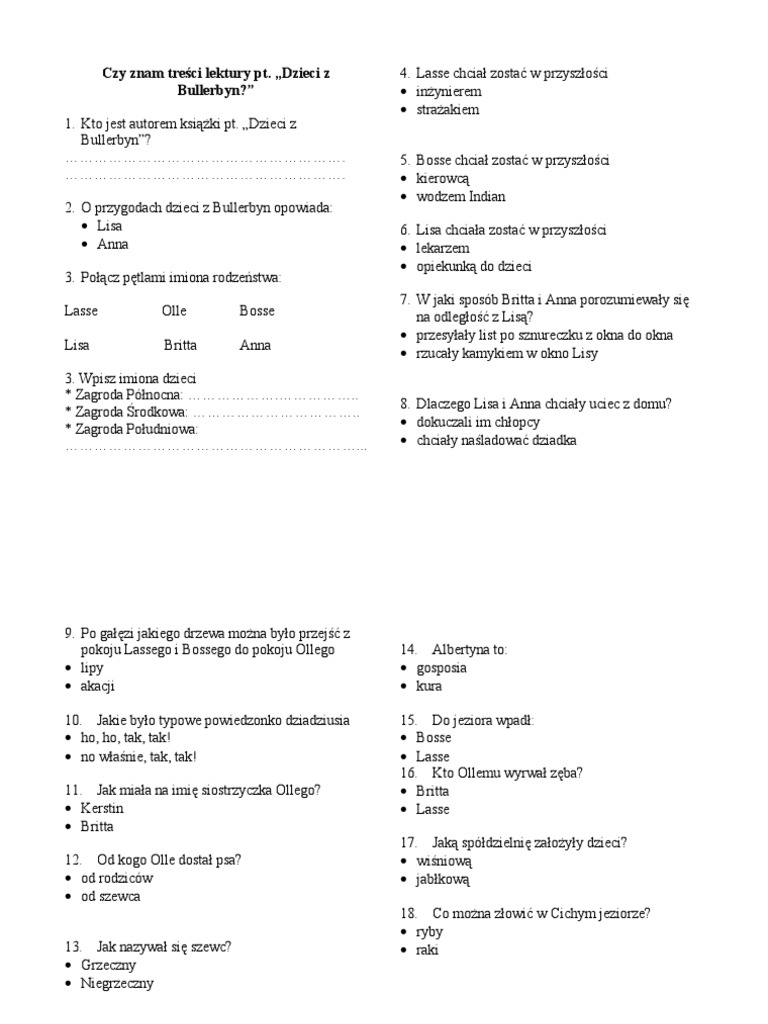 Test Z Dzieci Z Bullerbyn Dzieci Z Bullerbyn (Sprawdzian) | PDF