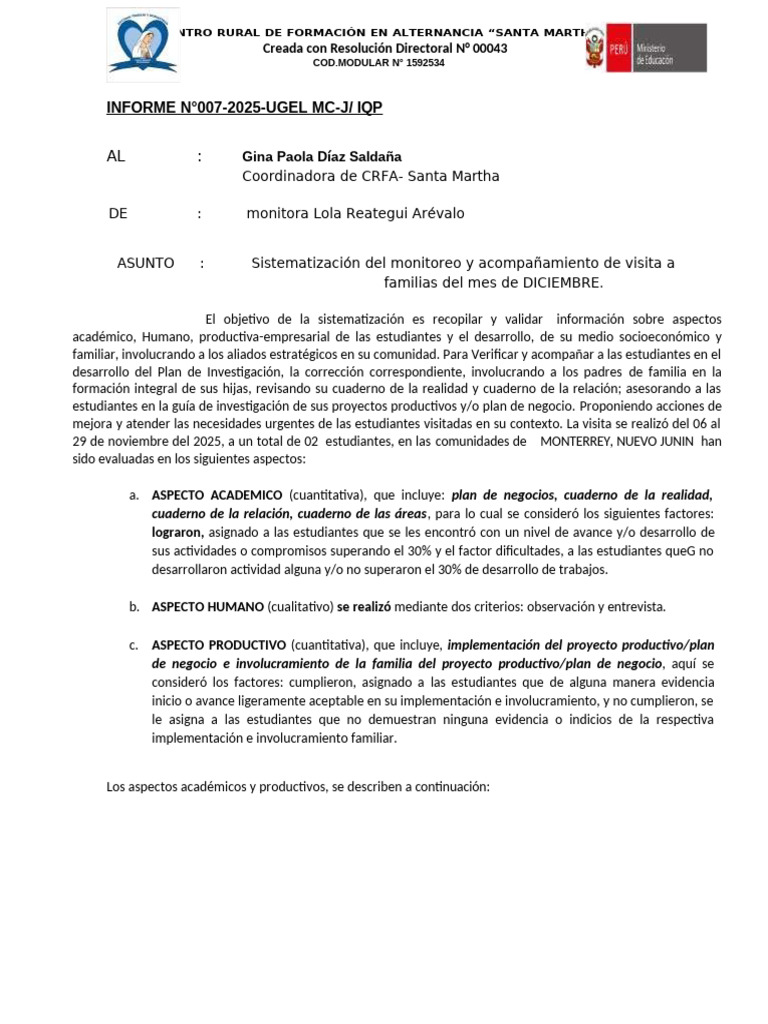 Informe de Monitoreo en CRFA Santa Martha | PDF | Empatía | Desarrollo ...