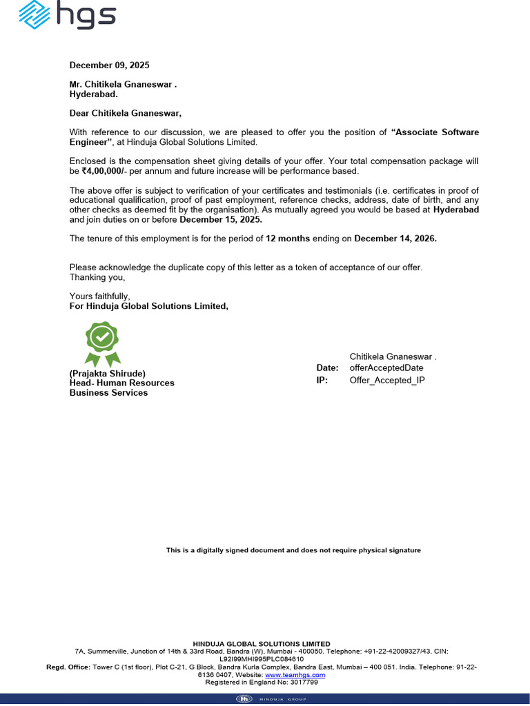 Job Offer for Associate Software Engineer | PDF