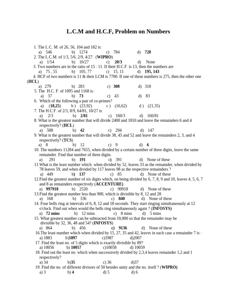 LCM and HCF Problems with Solutions | PDF | Number Theory | Numbers