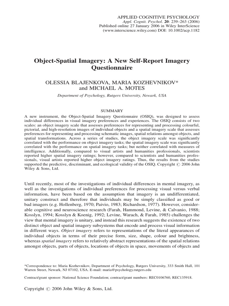 Object-Spatial Imagery Questionnaire Development | PDF | Mental Image ...