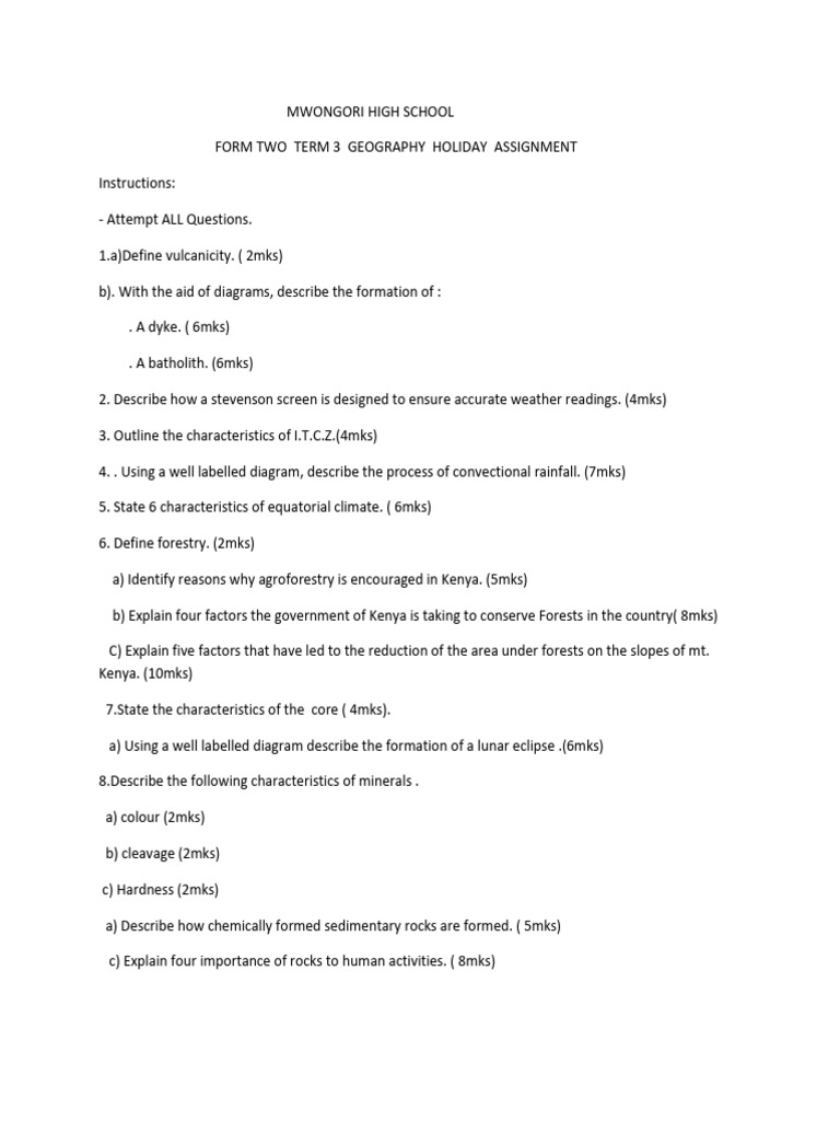 Form Two Geography Holiday Assignment | PDF