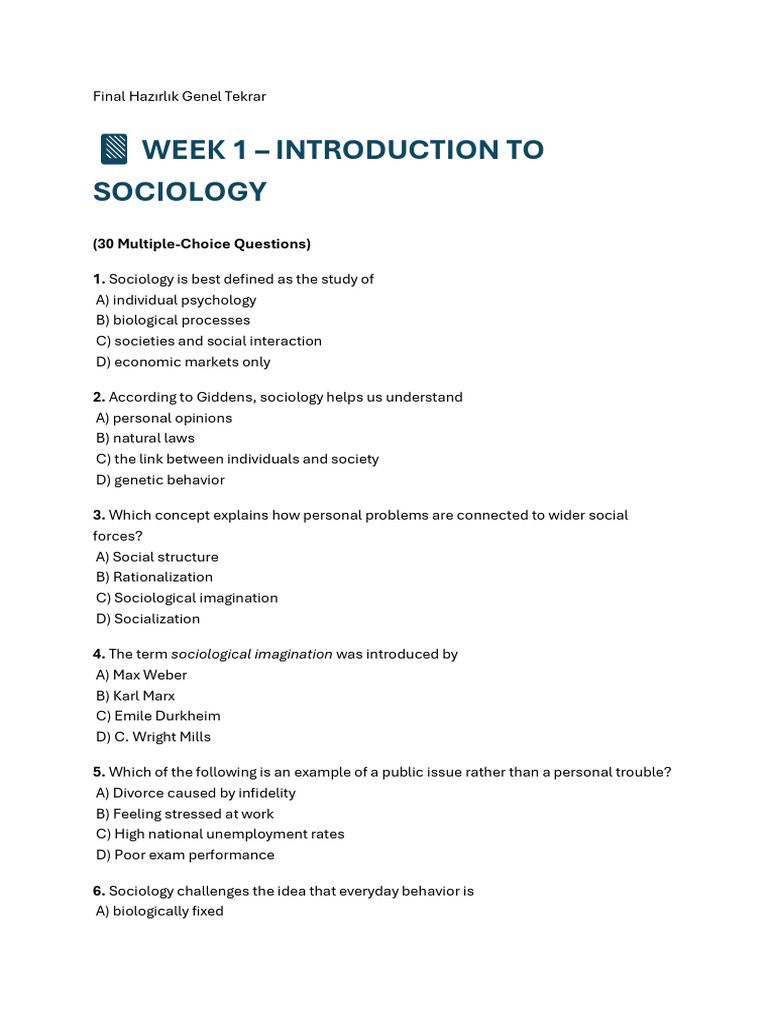 Sociology Exam Prep: MCQs & Answers | PDF