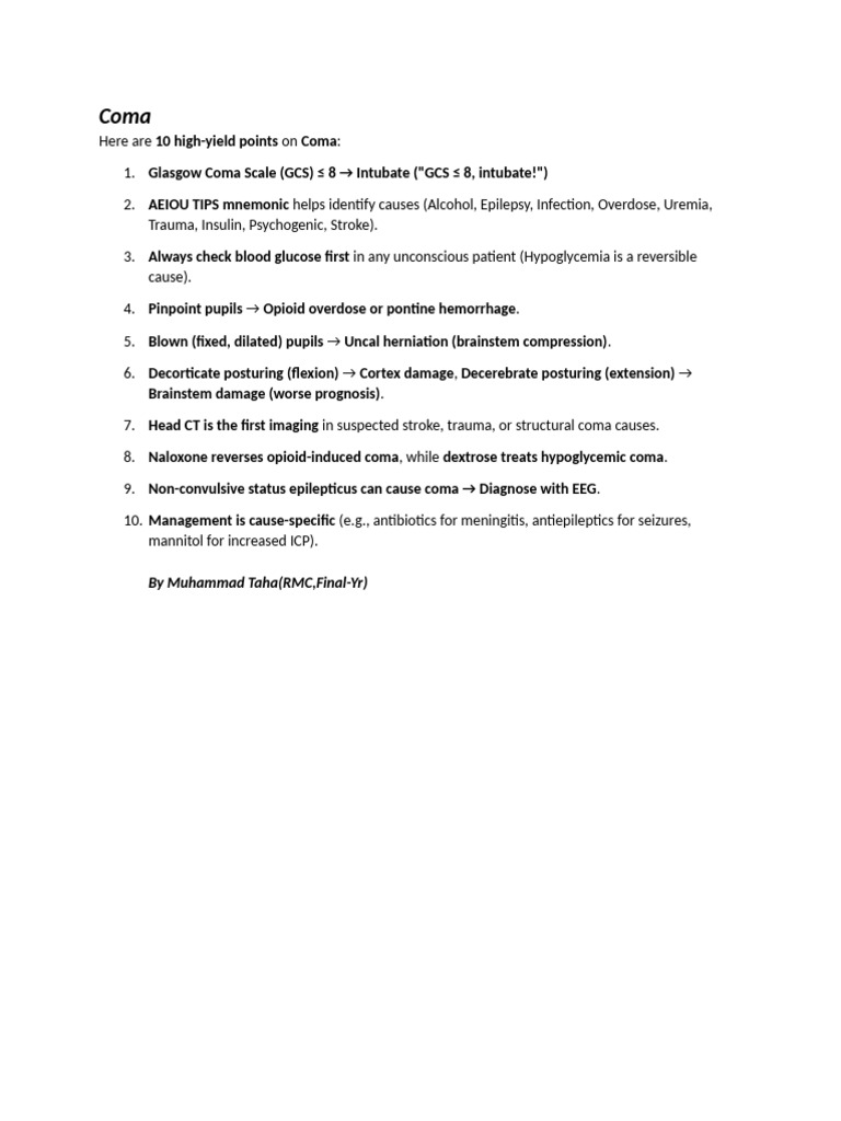 Key Points on Coma Management | PDF