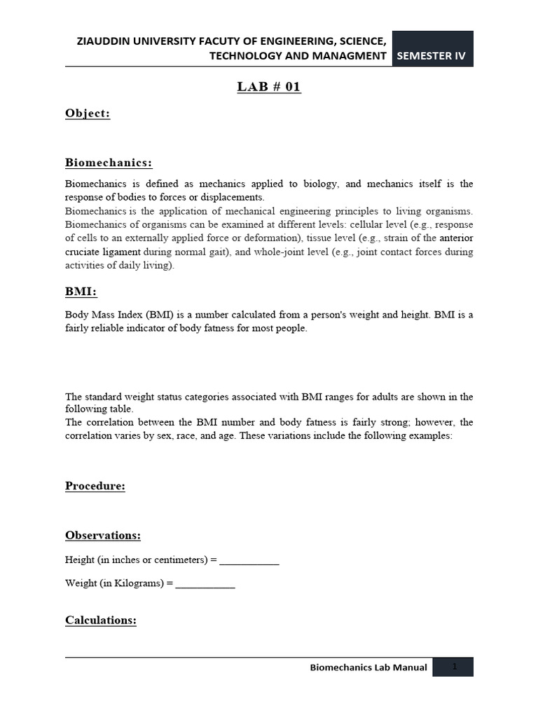 Biomechanics Lab Manual for Engineering Students | PDF | Elbow | Lever