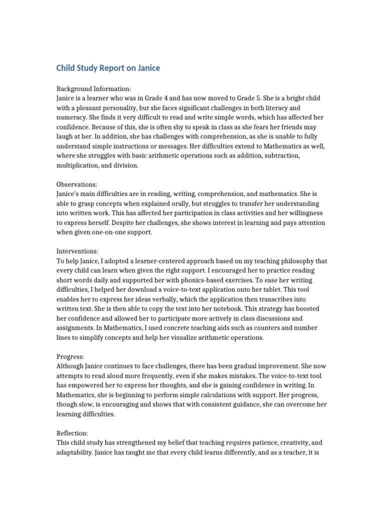 Child Study Report Janice | PDF | Reading Comprehension | Literacy