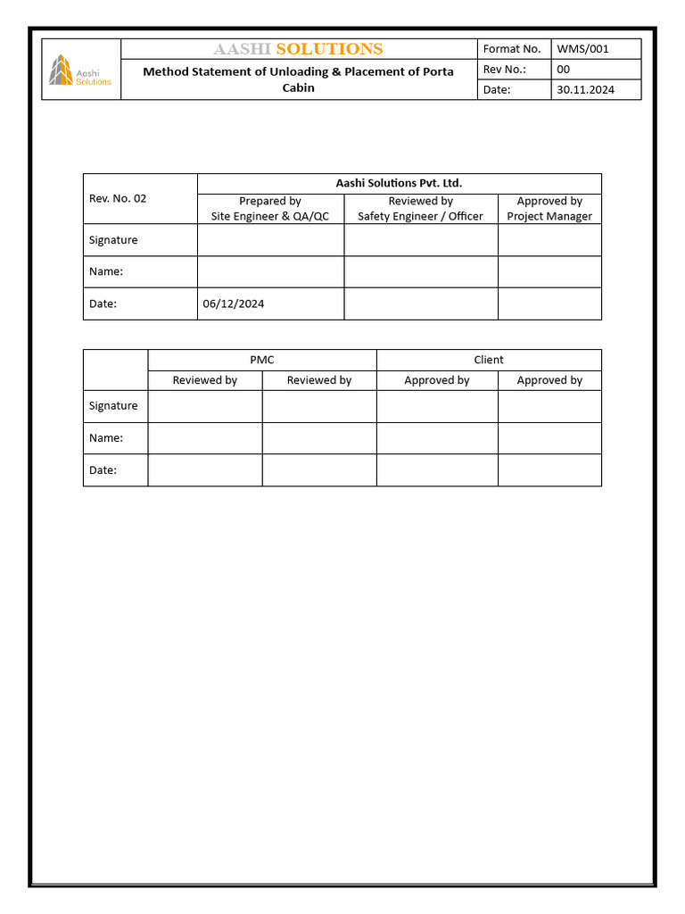 Method Statement for Porta Cabin Unloading | PDF | Crane (Machine) | Truck