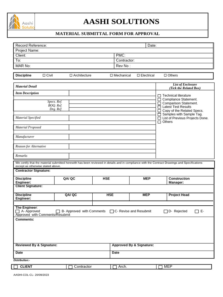 Aashi Solutions Material Submittal Form | PDF