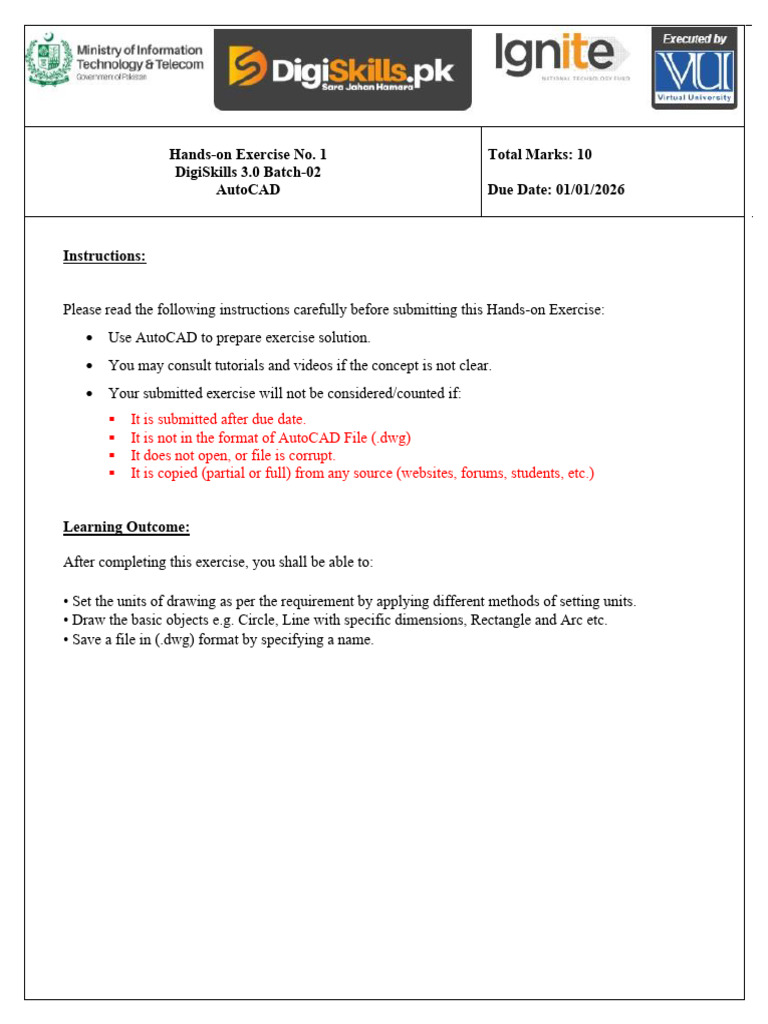 AutoCAD Hands-on Exercise Instructions | PDF