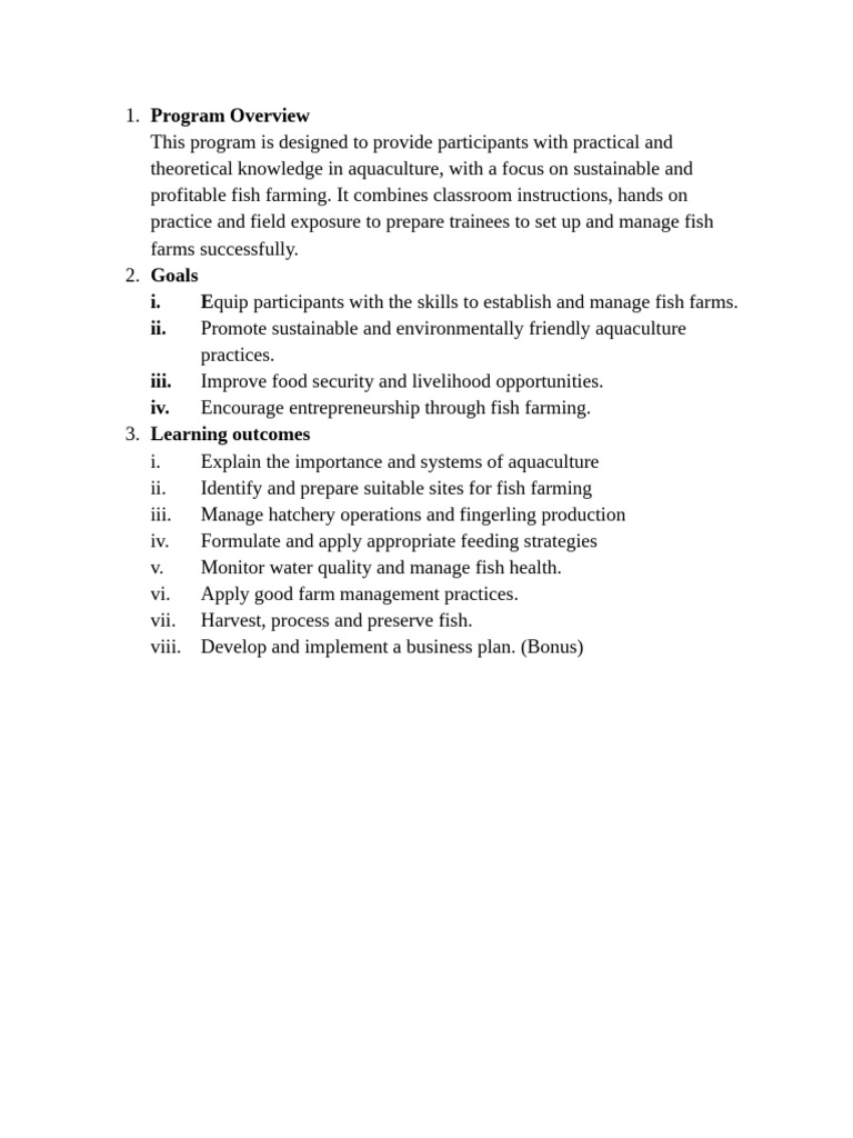 Sustainable Fish Farming Training Program | PDF | Agriculture | Aquaculture