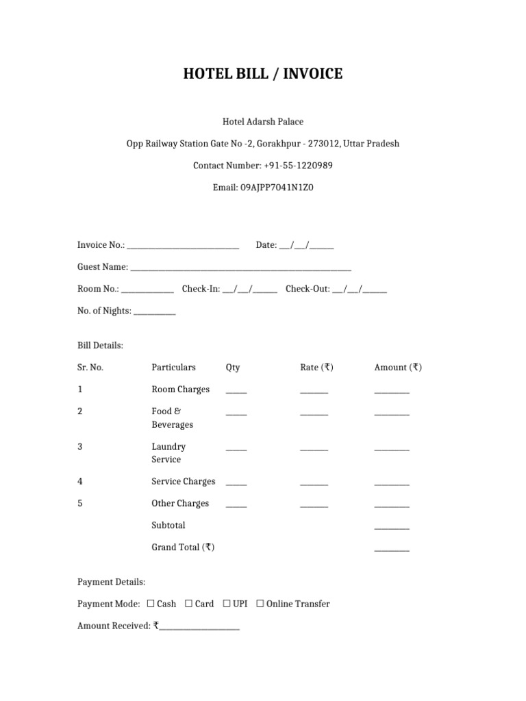 Hotel Invoice Template for Guests | PDF