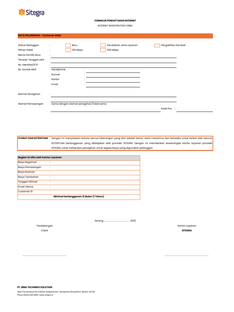 Formulir Pendaftaran Internet SITEGRA | PDF
