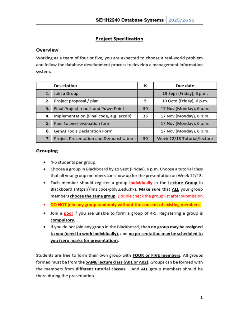 SEHH2240 Database Project Guidelines 2025 | PDF | Microsoft Access ...