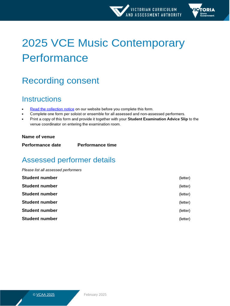 2025 VCE Music Contemporary Performance Recording Consent | PDF