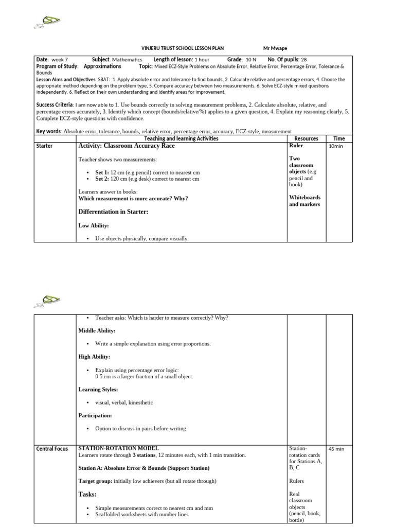 Mr Mwape Lesson Plan 3 | PDF | Teachers | Lesson Plan