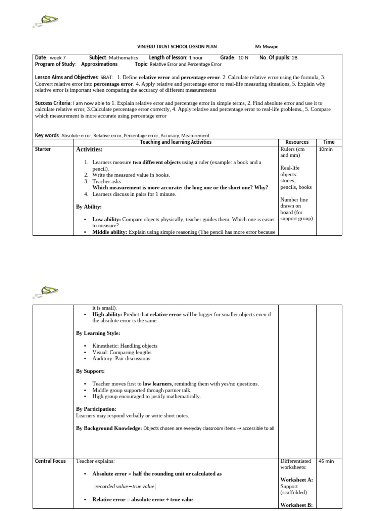 Mr Mwape Lesson Plan | PDF | Accuracy And Precision | Lesson Plan