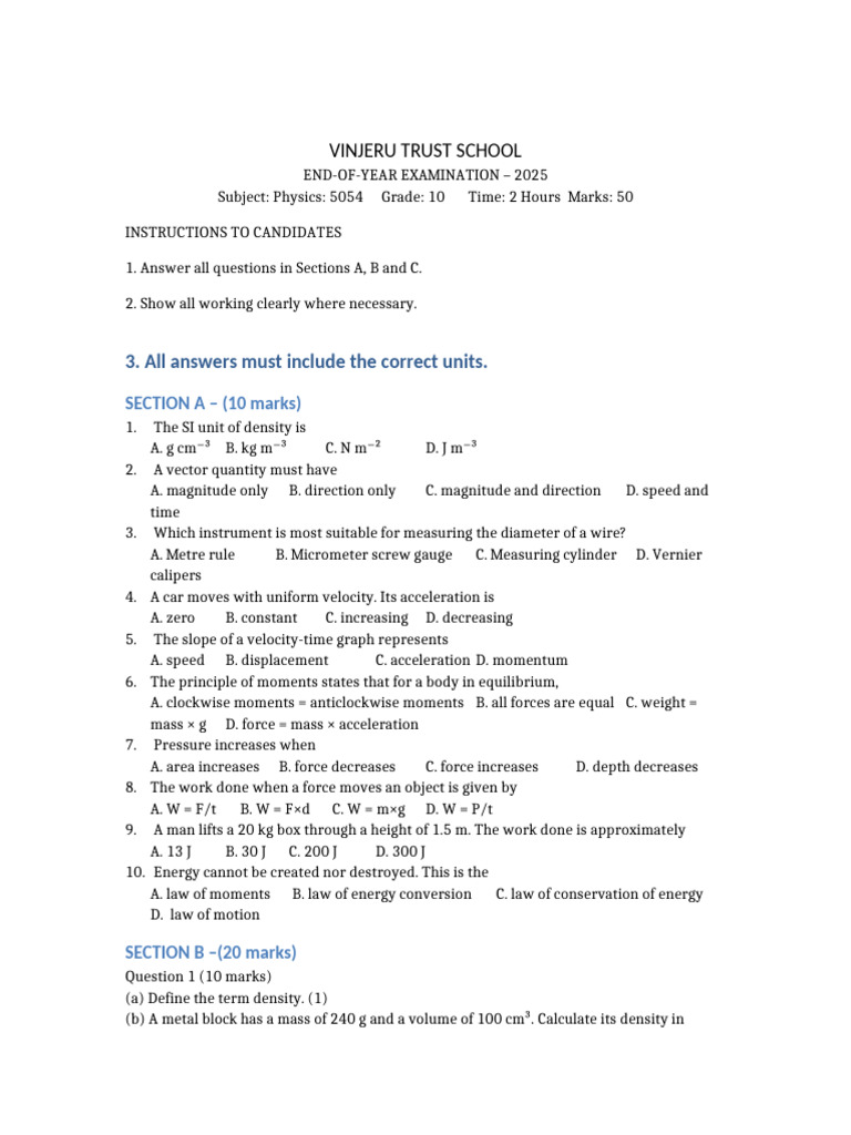 2025 Grade 10 Physics Exam Paper | PDF | Force | Mass