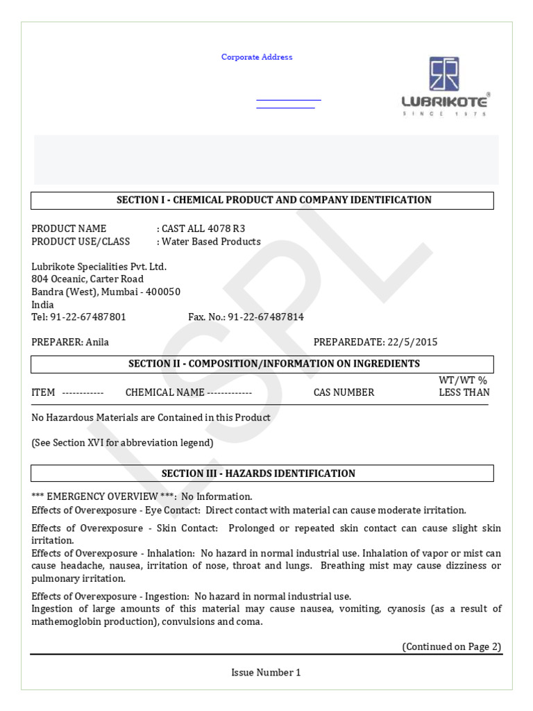 Msds - Cast All 4078 r3 | PDF | Water