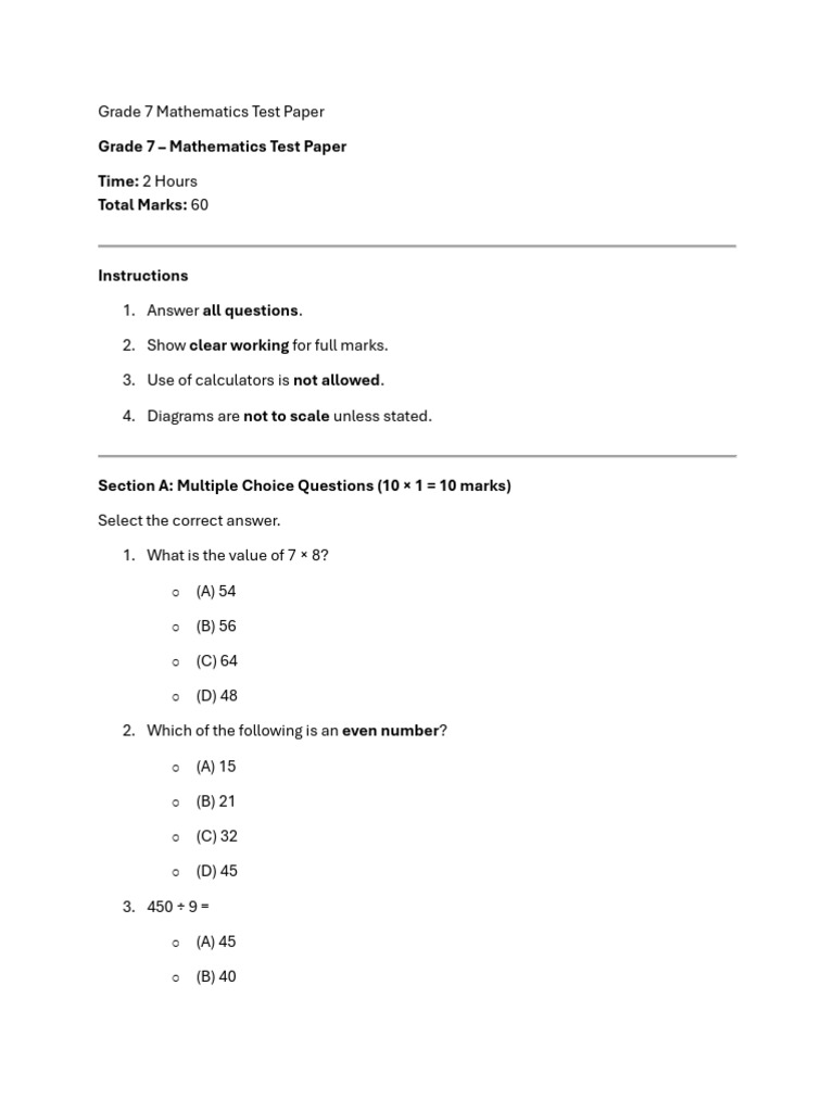 Grade 7 Math Test Paper PDF | PDF | Odds | Ratio