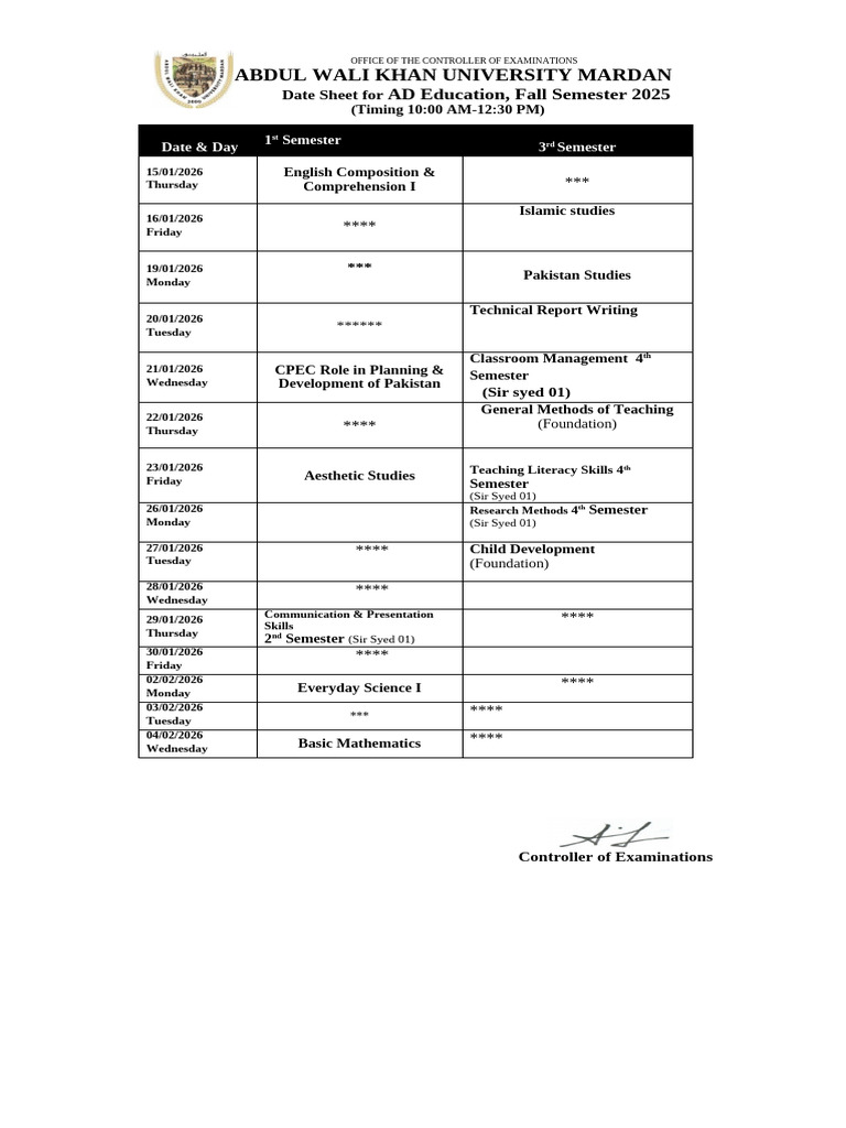 AWKUM Fall 2025 Exam Date Sheets | PDF | Academic Term