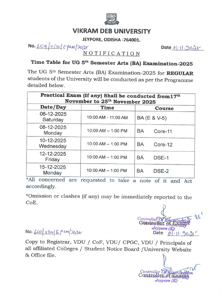 Exam Time Table of UG 5th Regular and PG 3rd Sem Regular, Back ...