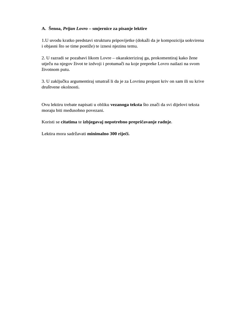 A. Šenoa, Prijan Lovro - Smjernice Za Lektiru | PDF