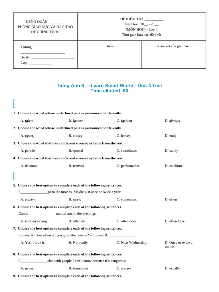 English Test for Grade 6 Students | PDF