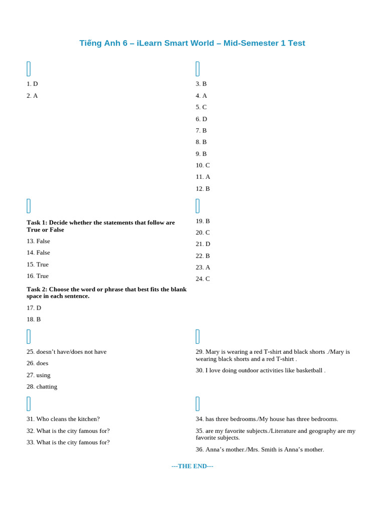 Tieng Anh 6 ILearn Smart World MidSemester 1 Test_answer_key | PDF