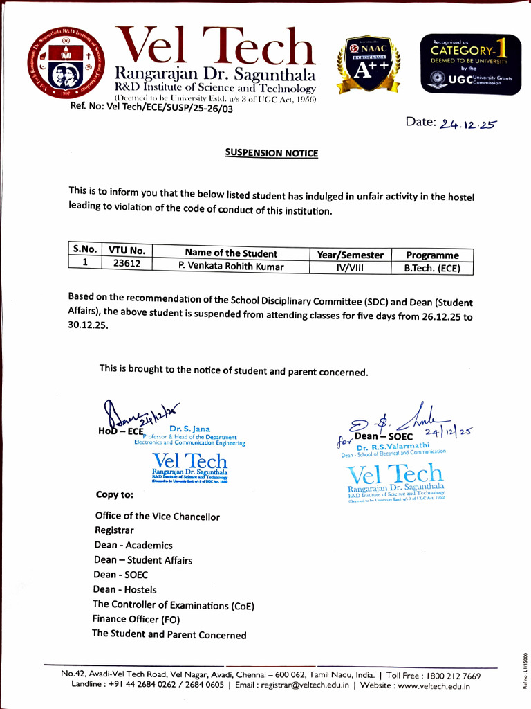 Student Suspension Notice at Vel Tech | PDF | Academia | Higher Education
