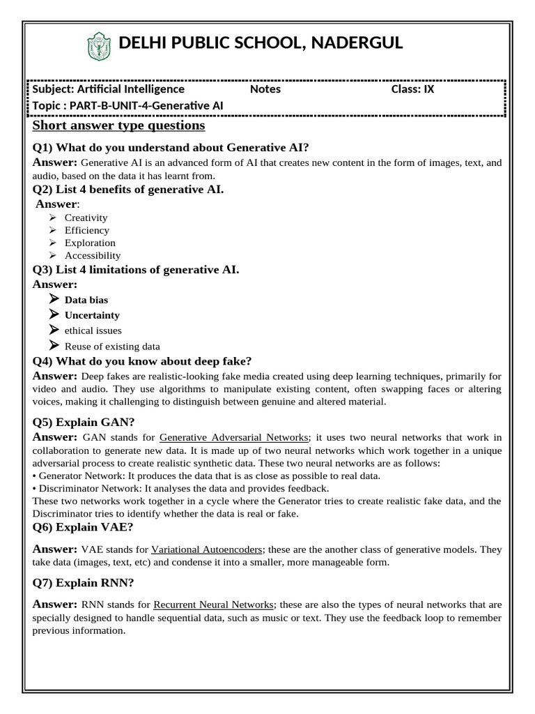 Generative AI Notes for Class IX | PDF | Artificial Intelligence ...