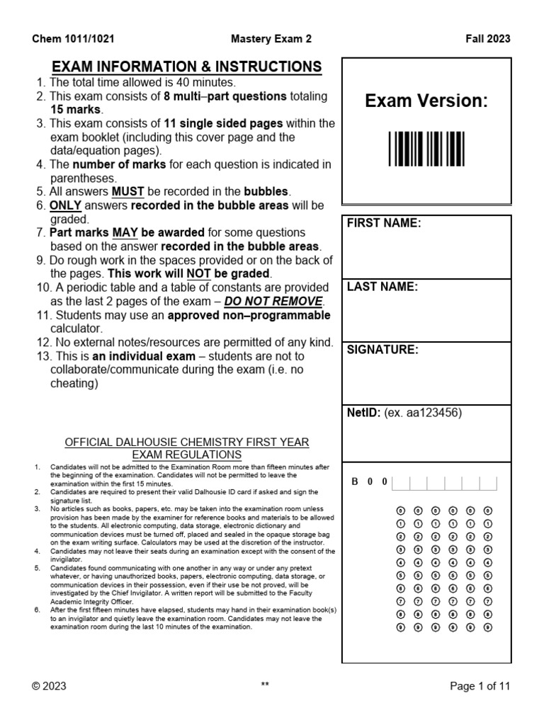 2 Sample Chem 1011-1021 Mastery Exam 2 Fall 2023 | PDF | Physical ...