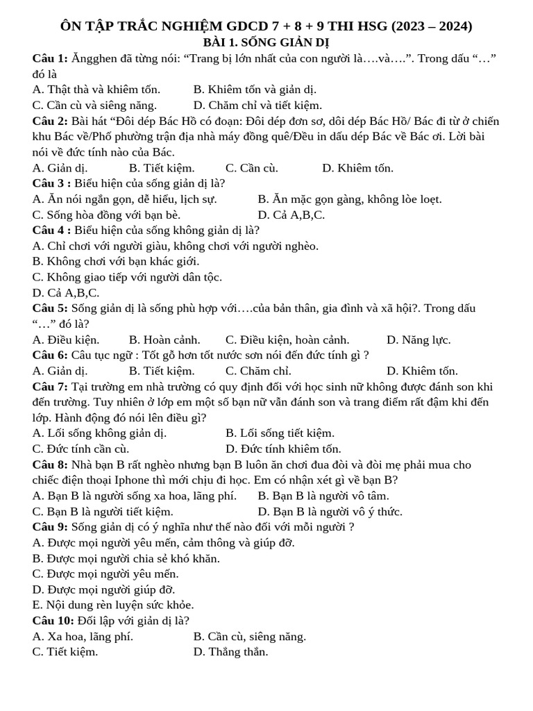Ôn Tập Trắc Nghiệm Gdcd 7 | PDF