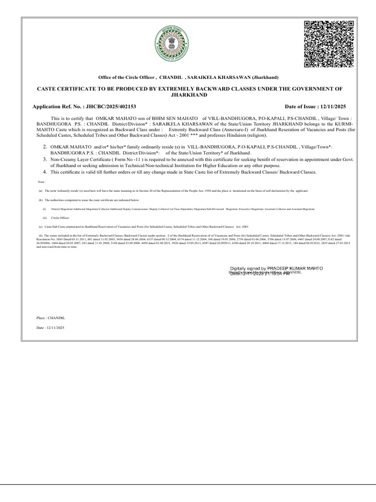 Jharkhand EBC Caste Certificate Guide | PDF | Government Of India ...