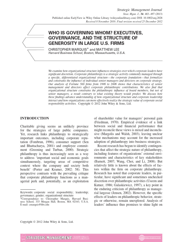 Strategic Management Journal - 2012 - Marquis - Who is Governing Whom ...