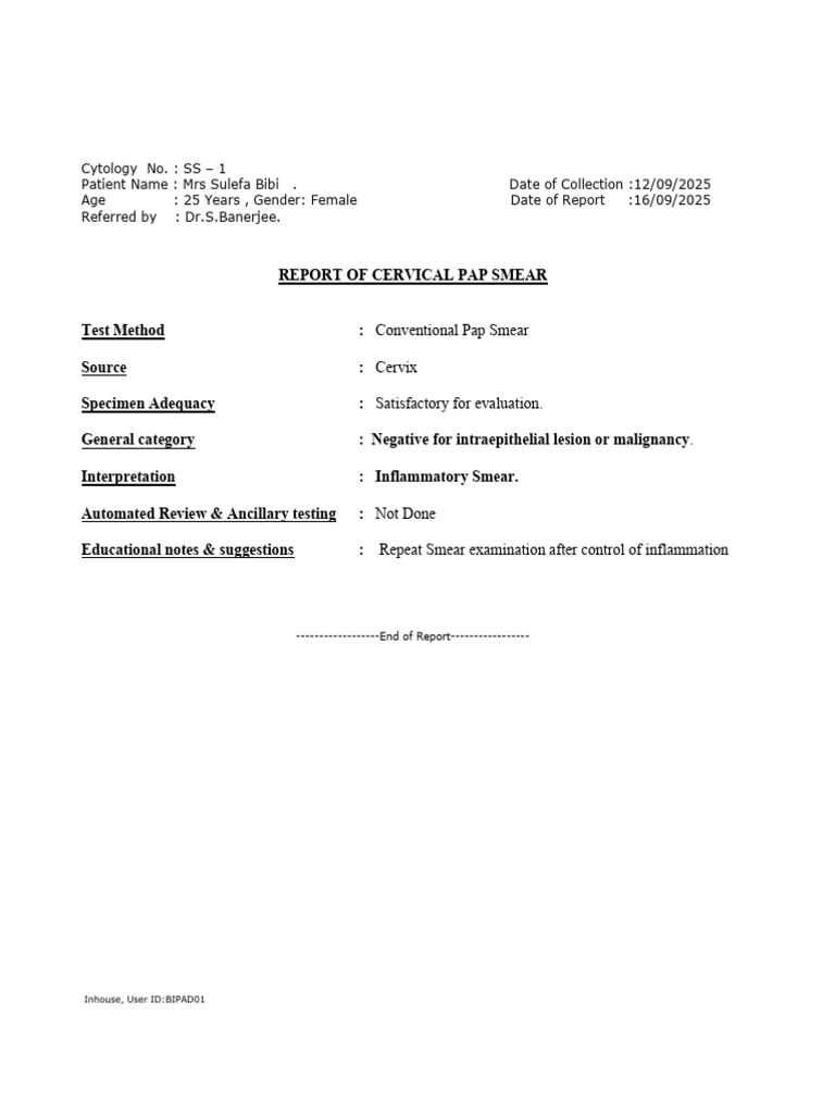 Cervical Pap Smear Report Summary | PDF