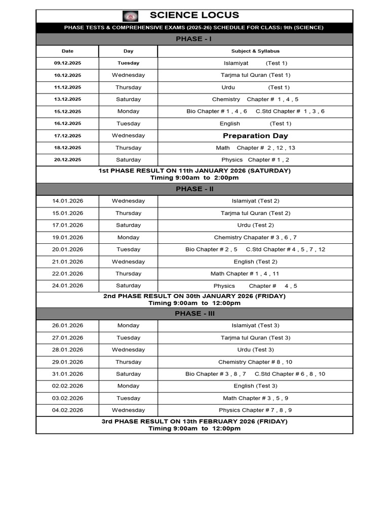 9th Grade Science Exam Schedule 2025-26 | PDF