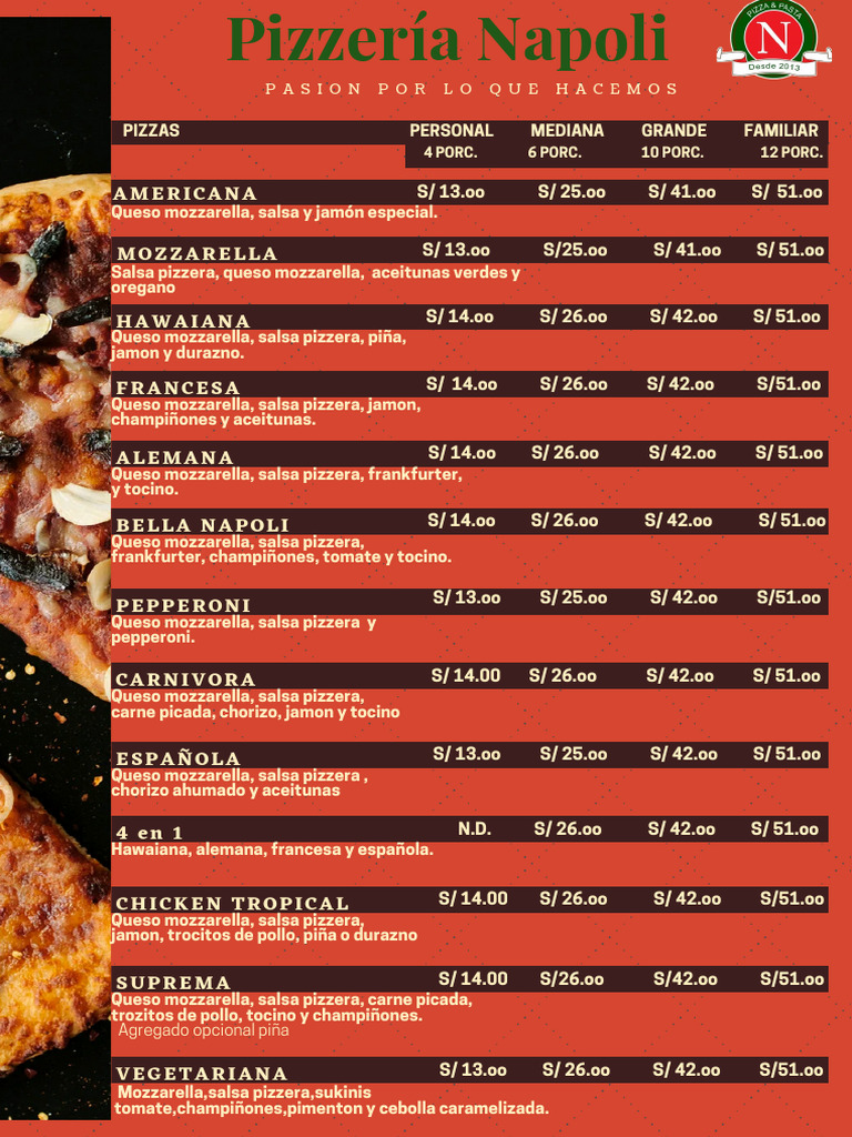 Carta Pizzeria Napoli | PDF | Pizza | Queso