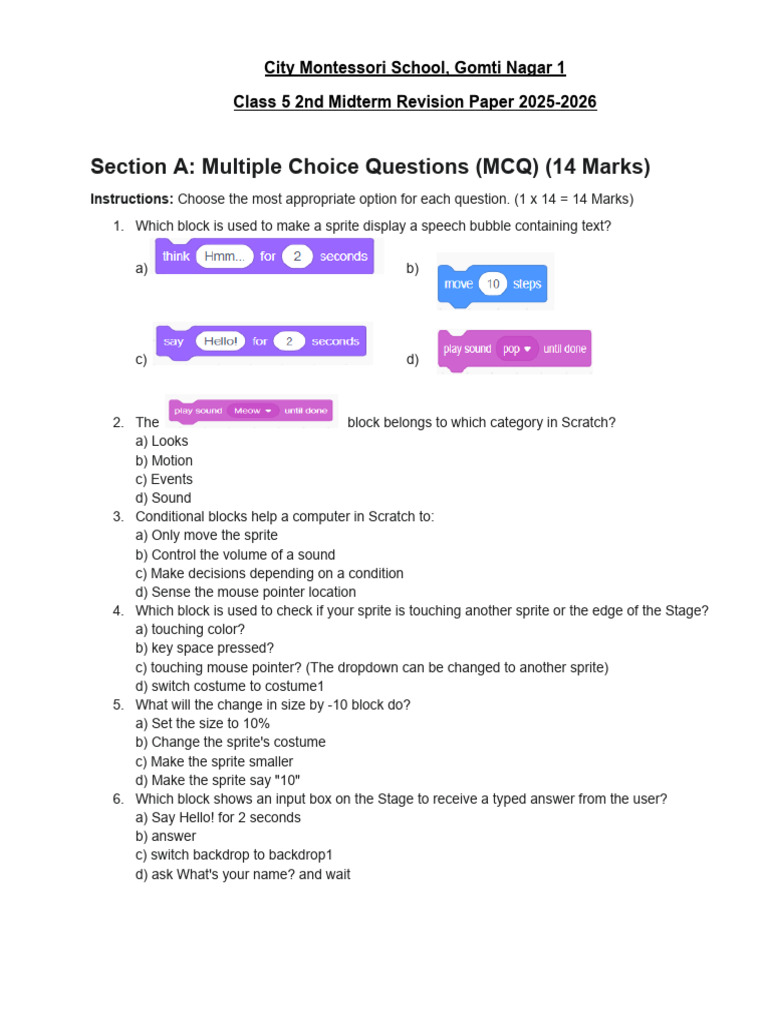 Class 5 Scratch Revision Paper 2025-2026 | PDF | Scratch (Programming ...