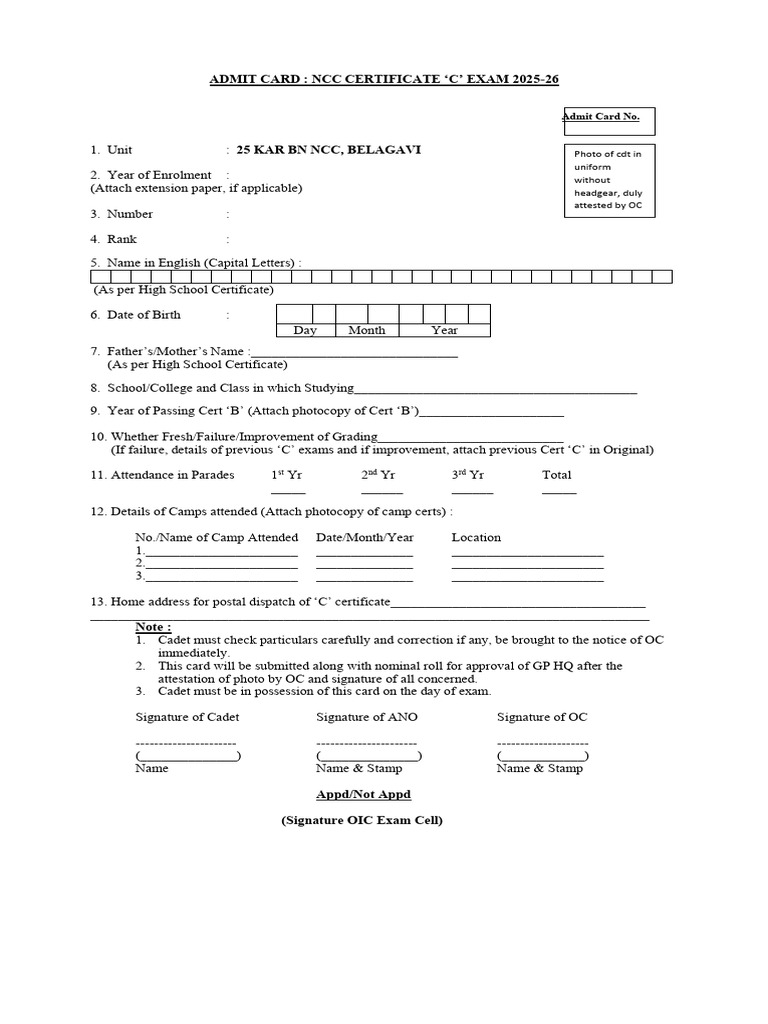 NCC Certificate Exam Admit Card 2025-26 | PDF | Chess | Chess Theory
