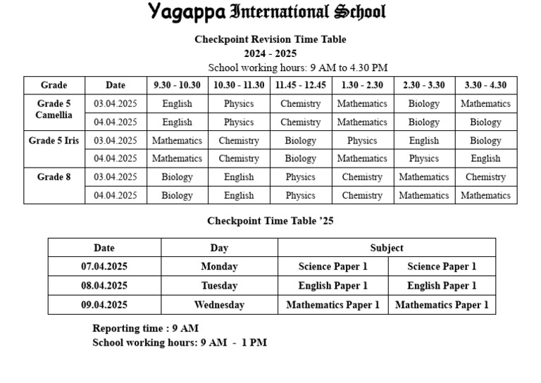 Checkpoint Revision Time Table 24-25 | PDF