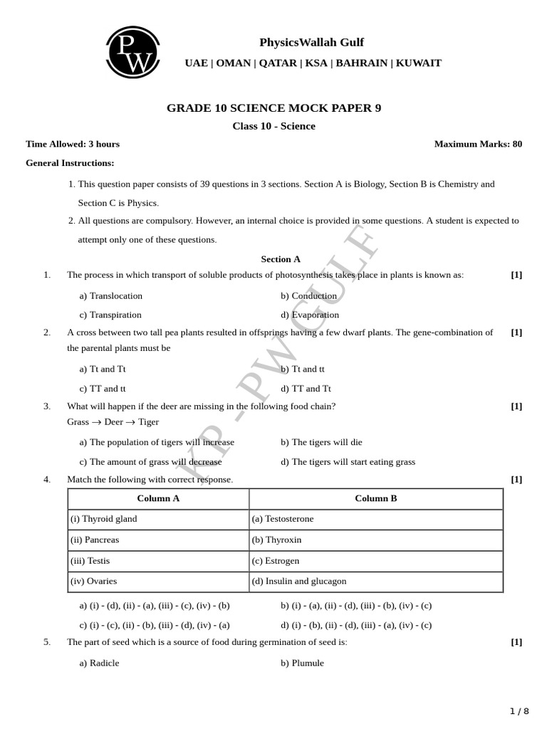 Grade 10 Science Mock Paper 9 | PDF | Redox | Electric Current