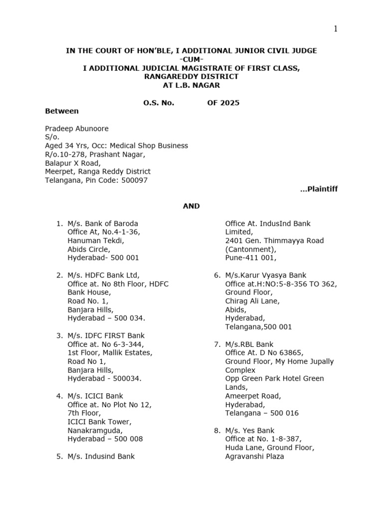 Legal Suit for Injunction Against Banks | PDF | Lawsuit | Cause Of Action