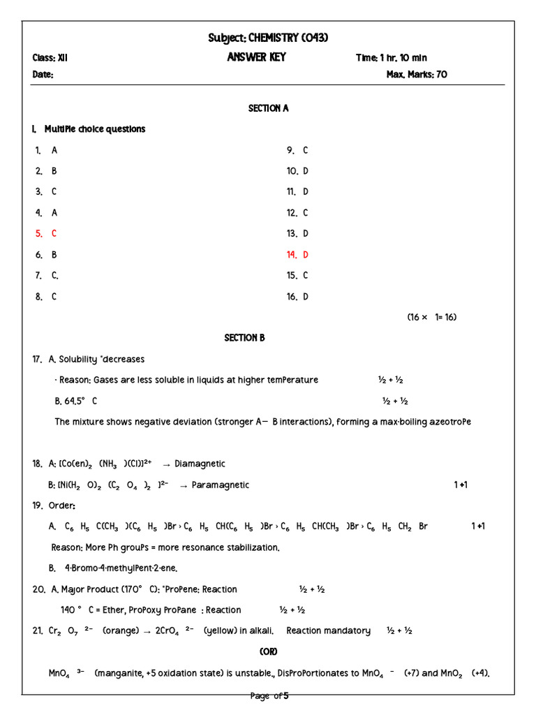 Chemistry Class XII Answer Key | PDF | Physical Chemistry | Chemistry