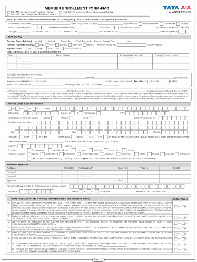 Tata AIA Life Insurance Enrollment Form | PDF | Insurance | Life Insurance