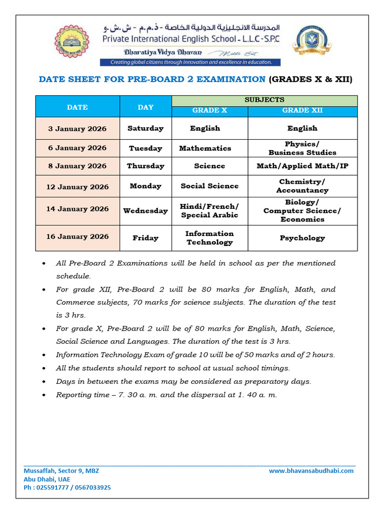 Pre-Board 2 Exam Schedule 2026 | PDF