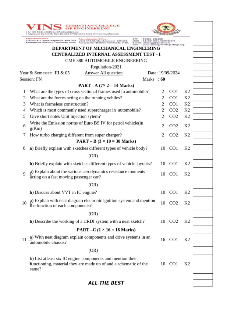 Internal Exam Model Question Paper | PDF | Manual Transmission ...