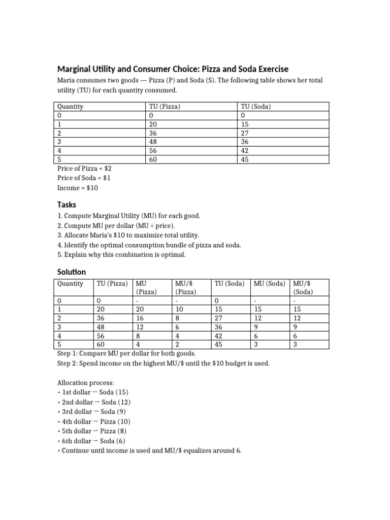 Marginal Utility Pizza and Soda Exercise | PDF